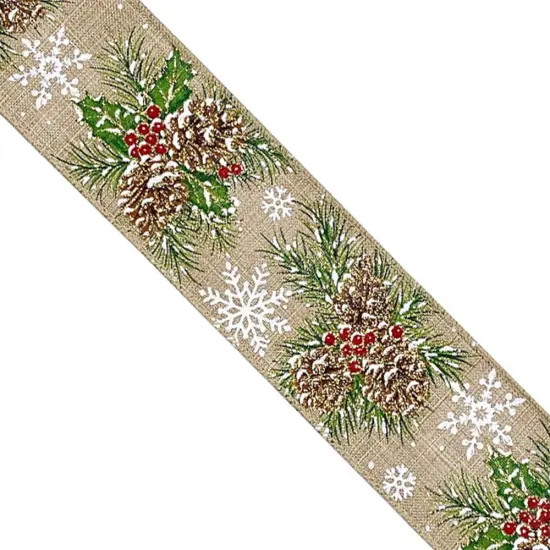Designer&rsquo;s Shop WR 63-5214 Holiday Pinecone & Snowflake Wired Edge Ribbon &ndash; 2.5" x 10 Yards Ribbon with Glitter, Red Berries, and Evergreen Sprigs {3}
