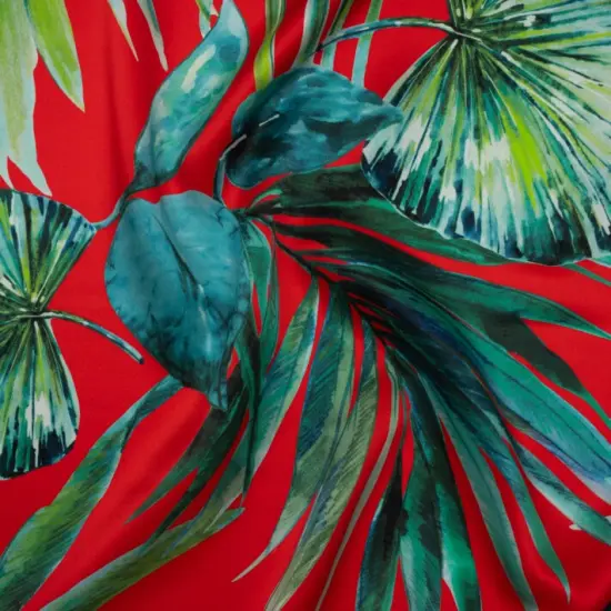 1 Yard Premium Silk Charmeuse Red and Green Tropical Leaves Fabric 53 inch Width {1}