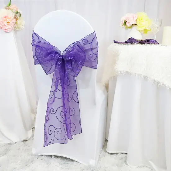 10 Pieces Regency Purple Embroidered Organza Chair Sashes 8"x108" Sophisticated Event Accents {2}