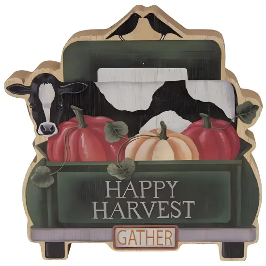 Green Wooden Happy Harvest Gather Truck Sitter with Cow and Pumpkins {1}