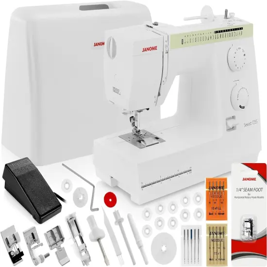 Janome Sewist 725S Sewing Machine - Includes 1/4" Seam Foot + 10-Pack Bobbins + Janome Universal Needles + Janome Leather Needles {1}