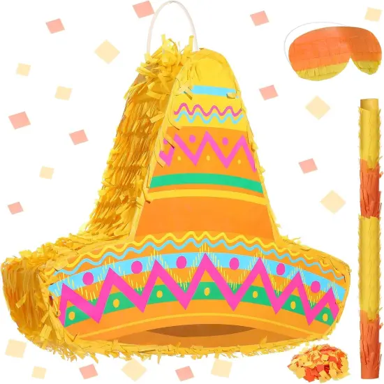 Mexican Themed Party Pinata with Stick Blindfold Confetti Mexican Sombrero Hat Cinco De Mayo Pinata for Cinco De Mayo Fiesta Carnival Birthday Party, 16 x 11 x 3 Inch {1}