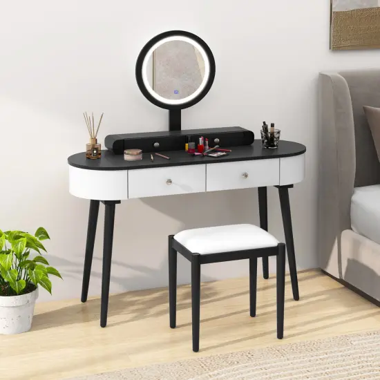 LED Lighted Vanity Table Set with Adjustable Mirror & Cushioned Stool White and Black {6}