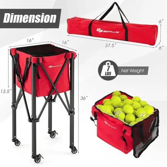 Foldable Lightweight Tennis Ball Teaching Cart with Removable Bag and Lockable Wheels Red {5}