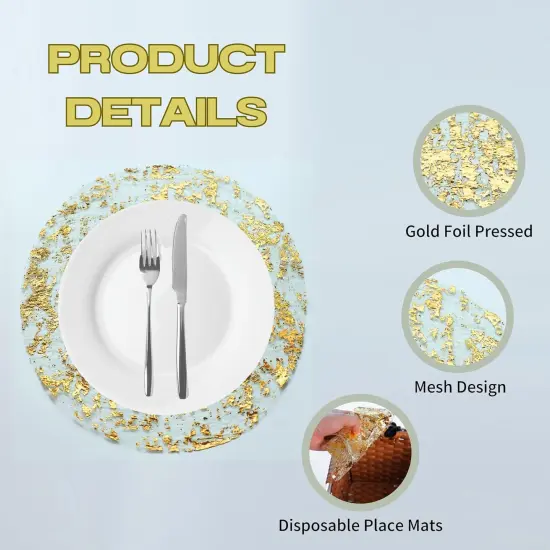 Disposable Gold Placemats Set of 12 Metallic Round 13 Inch Foil Mesh Pressed Fall Table Mates 12 Pack Charger Gold Doilies for Dining Table Wedding Birthday Party Holiday Home Decoration {4}