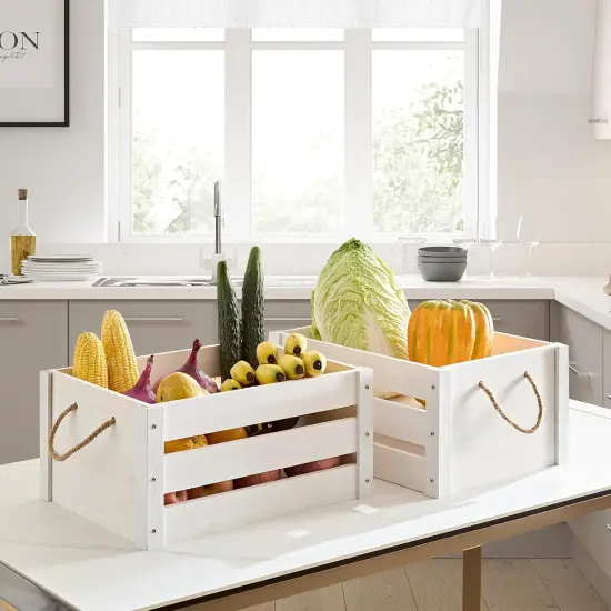 Farmhouse Crates for Storage and Display - Durable Wooden Box with Rope Handles, 2 Pack White Crates {4}