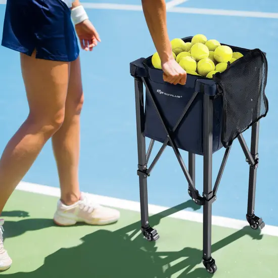 Foldable Lightweight Tennis Ball Teaching Cart with Removable Bag and Lockable Wheels Blue {3}