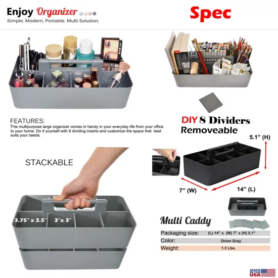 Enjoy Organizer 3 Pack Portable Caddy with Handle &ndash; 8 Compartments, Removable Dividers, School & Office Storage Bin- Made In USA {6}