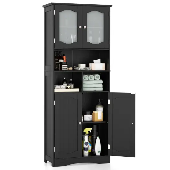 58.5 Inch Freestanding Linen Bathroom Storage Cabinet with Frost Glass Doors Black {4}