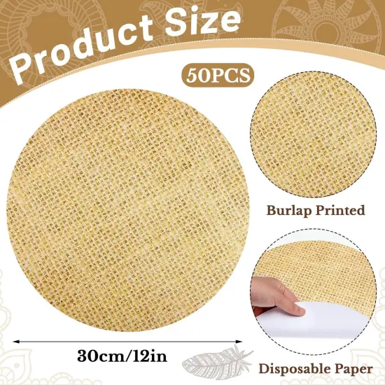 50 Pieces Disposable Burlap Printed Paper Placemats Round Rustic Brown Chargers Paper Place Mat Country Decor Disposable Placemats for Vintage Country Farmhouse Tan {2}