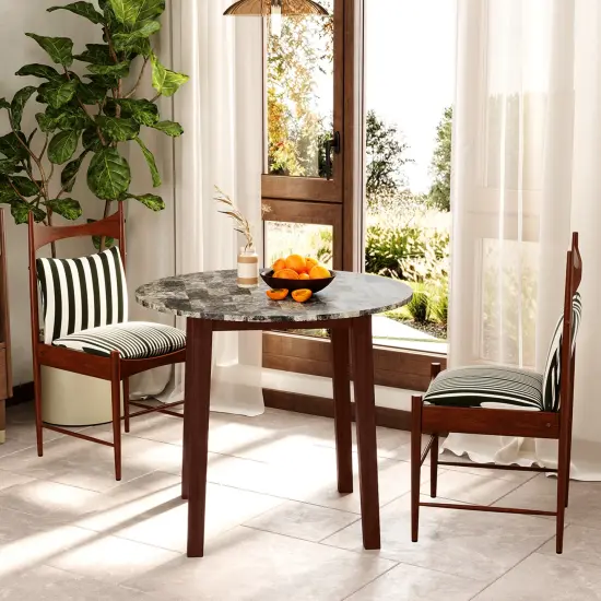Rubber Wood Round Dining Table with Marble Top, Safe Corners and Easy Assembly Brown {3}