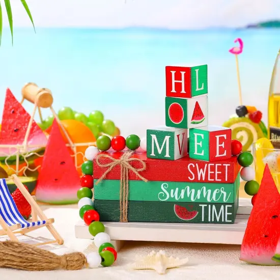 8 Pcs Summer Tiered Tray Decor Farmhouse Watermelon Table Decorations with Beads Garland Wooden Summer Tiered Tray Decorations Set Stacked Coffee Table Books Decor for Room Living Shelf {2}
