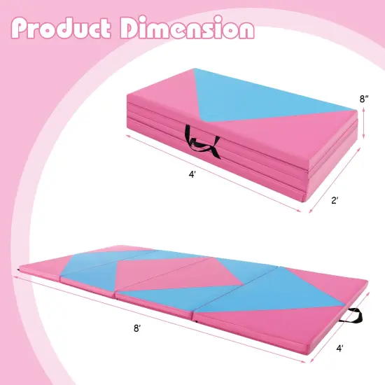 8 Feet PU Leather Folding Gymnastics Mat with Removable Zippered Cover and Hook and Loop Fasteners Pink & Blue {4}
