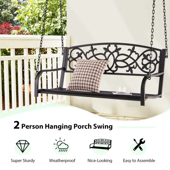 Costway 2-Person Metal Outdoor Porch Swing Hanging Patio Bench 485 Lbs Capacity Black\Brown {5}
