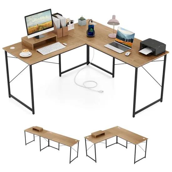 Costway L-Shaped Reversible Computer Desk 2-Person Long Table w/Monitor Stand {1}