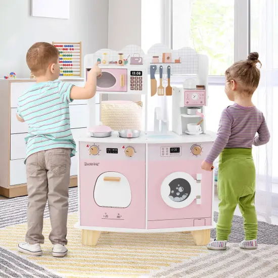Costway Wooden Kids Kitchen Playset Pretend Play Kitchen with Coffee Maker & Microwave {4}