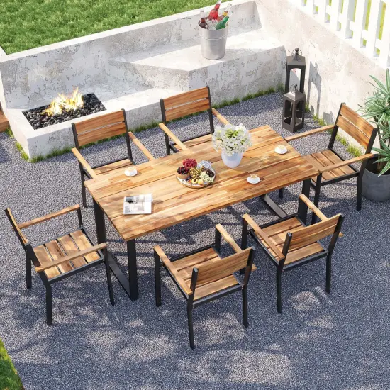 Costway 7 PCS Acacia Wood Patio Dining Set 6 Armchairs and 69" Table with 2" Umbrella Hole {4}