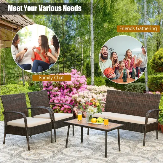 Costway 4PCS Patio Rattan Furniture Set Outdoor Conversation Set Coffee Table w/Cushions {4}