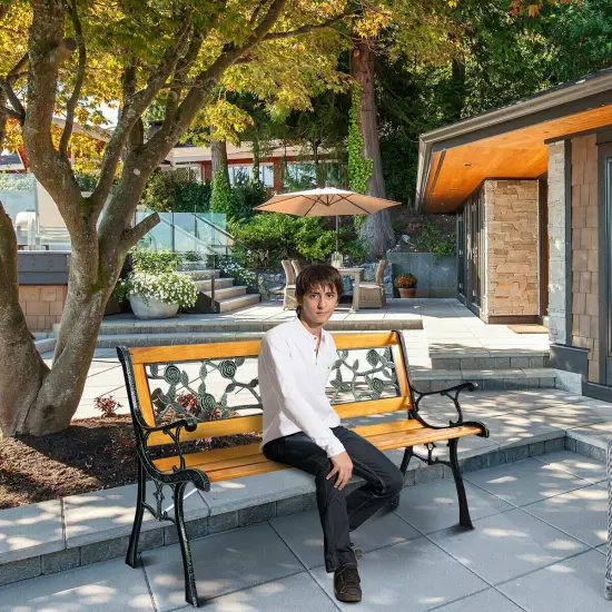 Costway Patio Park Garden Bench Porch Chair Outdoor Deck Cast Iron Hardwood Rose {5}