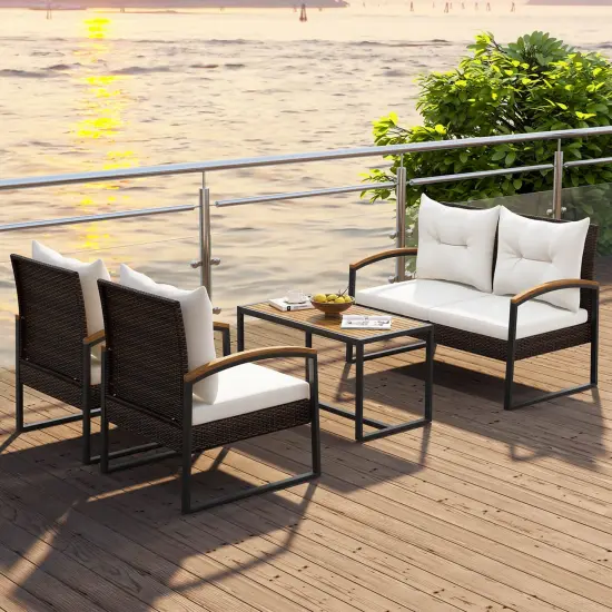 Costway 4 PCS Patio Conversation Set with Coffee Table Solid Acacia Wood Armrests Tabletop {4}