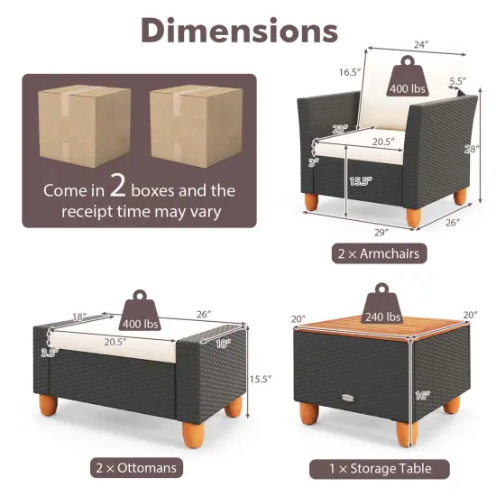 Costway 5 PCS Patio Furniture Set with Storage Table Ottomans Soft Pillows & Cushions {3}