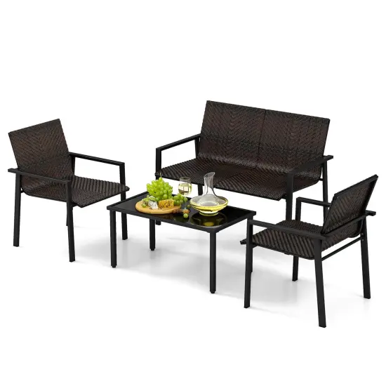 Costway 4 PCS Outdoor Wicker Patio Furniture Set with Heavy-Duty Galvanized Metal Frame Mix Brown/Black {7}