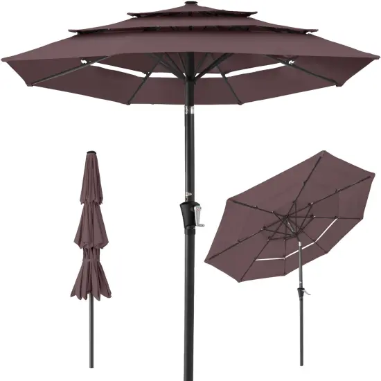 Best Choice Products 10ft 3-Tier Patio Umbrella, Market Sun Shade w/ Tilt Adjustment, Easy Crank Deep Taupe {1}