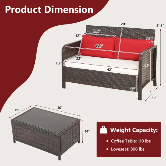 Costway 2 PCS Outdoor Patio Wicker Furniture Set with Tempered Glass Tabletop & Cushions {3}