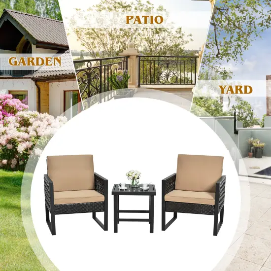 Costway 3PCS Patio Rattan Bistro Furniture Set Cushioned Sofa Chair Coffee Table Garden {5}