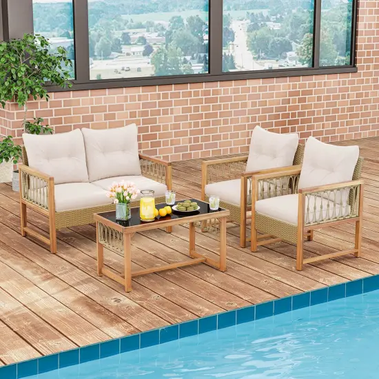 Costway 4 PCS Patio Furniture Set with Acacia Wood Frame Cushions and Coffee Table {1}