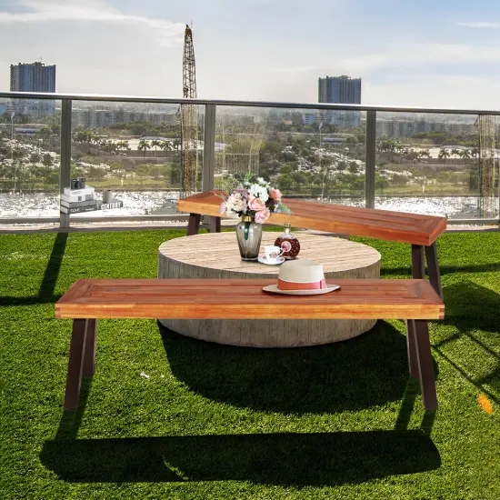 Costway Set of 2 Patio Acacia Wood Dining Bench with Rustic Steel Legs Outdoor Indoor {2}