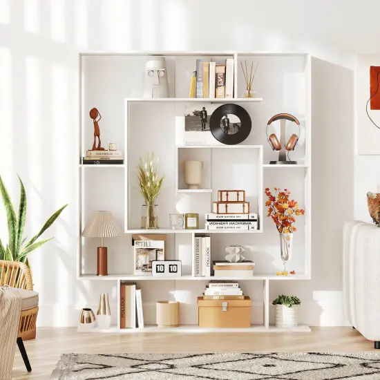 Costway 7-Tier Bookshelf Geometric Bookcase with 2 Anti-Tipping Kits Rustic Brown/White {2}