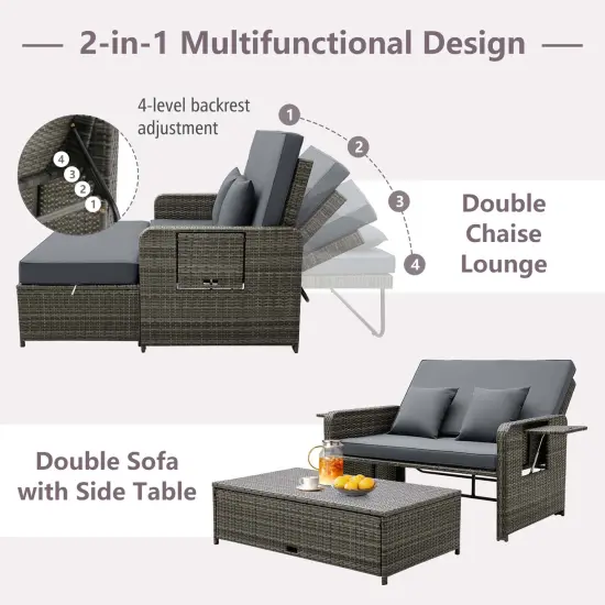 Costway Wicker Loveseat Sofa Set Patio Rattan Daybed with Ottoman & Retractable Side Tray {5}