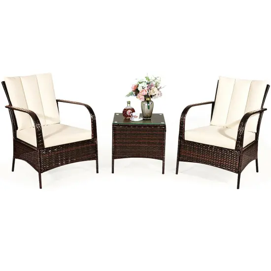 Costway 3 PCS Patio Rattan Furniture Set Coffee Table & 2 Rattan Chair W/White Cushions {2}
