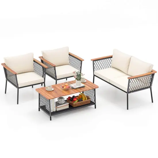 Costway 4 PCS Patio Furniture Set with 2-Tier Coffee Table Acacia Wood Armrests Tabletop {2}