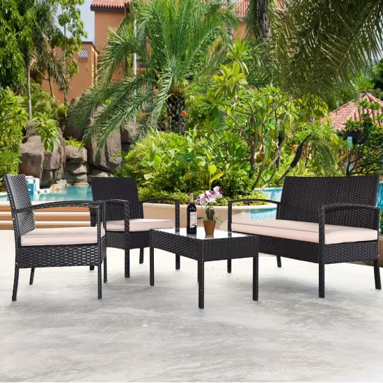 Costway 8PCS Patio Rattan Conversation Furniture Set Cushioned Seat Glass Table {2}