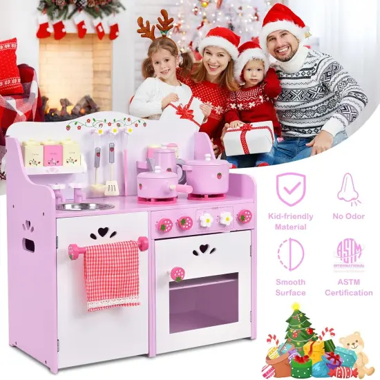 Costway Kids Wooden Play Set Kitchen Toy Strawberry Pretend Cooking Playset Toddler {6}