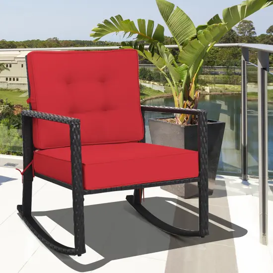 Costway Patio Rattan Rocker Chair Outdoor Glider Wicker Rocking Chair Cushion Lawn Red {1}