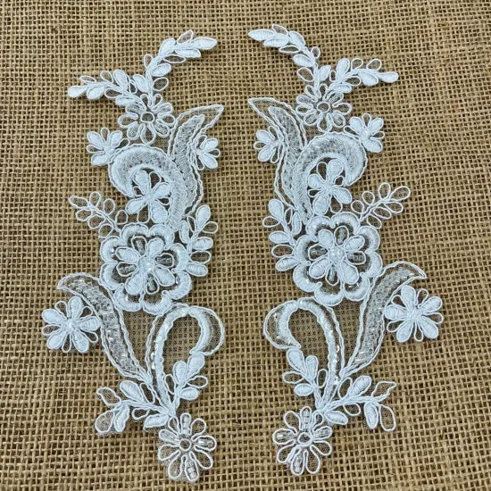 1 Pair Beaded & Corded Floral Lace Applique 9" x 2.5" Each Side White {1}