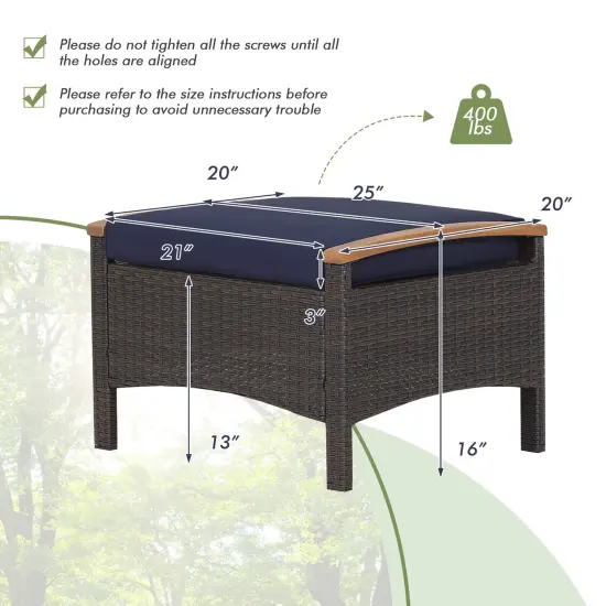 Costway Set of 2 Patio Rattan Ottoman Footrest Cushions Wooden Handle Off White\Brown\Red\Navy {3}