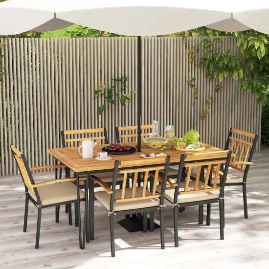 Costway 7 PCS Patio Dining Set with Acacia Wood Dining Table Rattan Armchairs Soft Cushions {1}