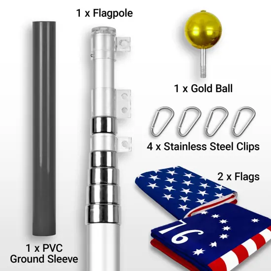 G128 Combo Pack: 20 Ft Telescoping Aluminum Flagpole (Silver) & American and Bennington Flags 3x5 Ft, Both ToughWeave Series Embroidered Polyester | Pole with Flags Included {2}