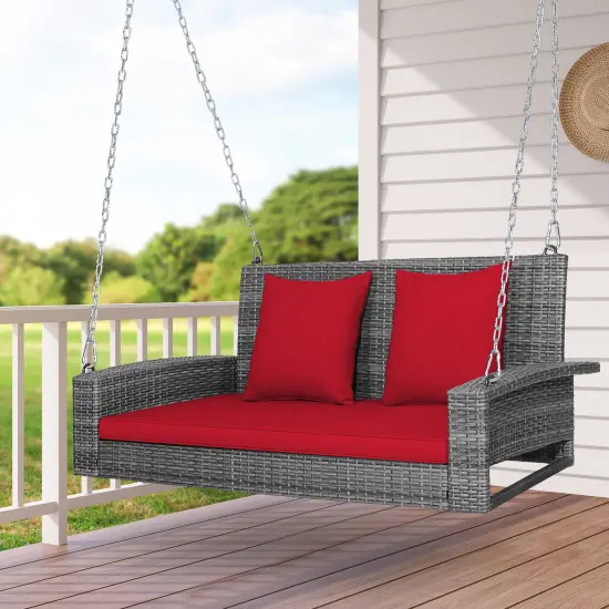 Costway 2-Person Patio PE Wicker Hanging Porch Swing Bench Chair with Cushion {5}