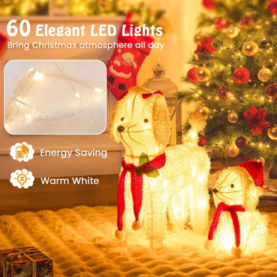 Costway Pre-lit Mama & Baby Poodle Dogs 60 Warm White LED Lights Red Hat & Scarf {6}