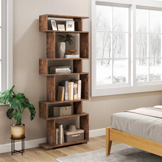 Costway 6-tier Storage Bookshelf S-shaped Geometric Bookcase with Anti-toppling Kits Brown/Black/White {12}