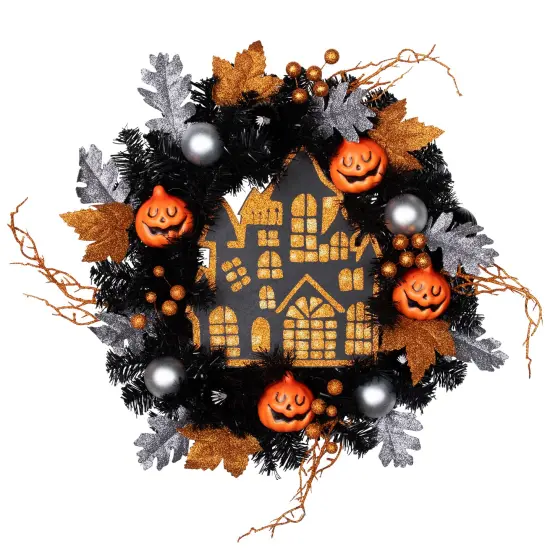 Northlight Glittered Haunted House Artificial Halloween Wreath - 24" - Unlit Orange {3}