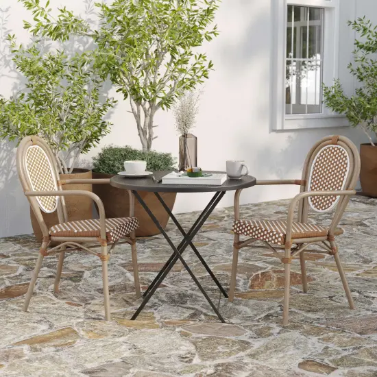 Merrick Lane Celia Set of Two Stacking Thonet Bistro Style Chair with Arms, PE Rattan Seat, and Metal Frame for Indoor/Outdoor Use White&Gray/Natural {3}