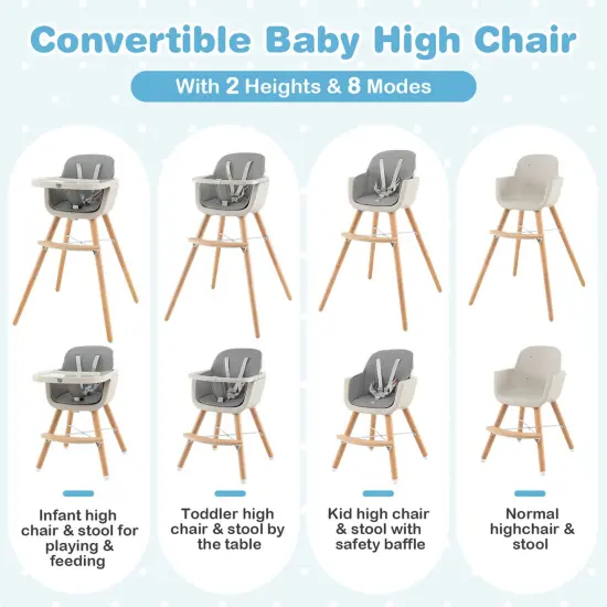 Babyjoy 3 in 1 Convertible Wooden High Chair Toddler Feeding Chair with Cushion Grey/Beige/Yellow/Pink/Dark Grey/Black {5}