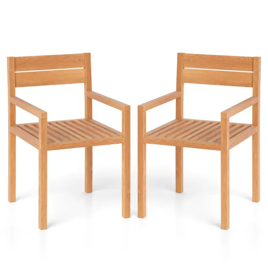 Costway 1/2/4 PCS Outdoor Teak Wood Chair Patio Dining Armchair with Slatted Seat & Backrest {8}