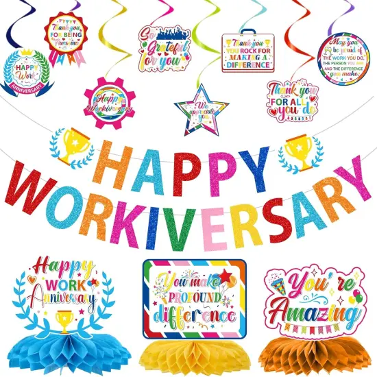 Happy Work Anniversary Decorations - 13PCS Glitter Banner, Hanging Swirls & Centerpieces (Colorful) {1}